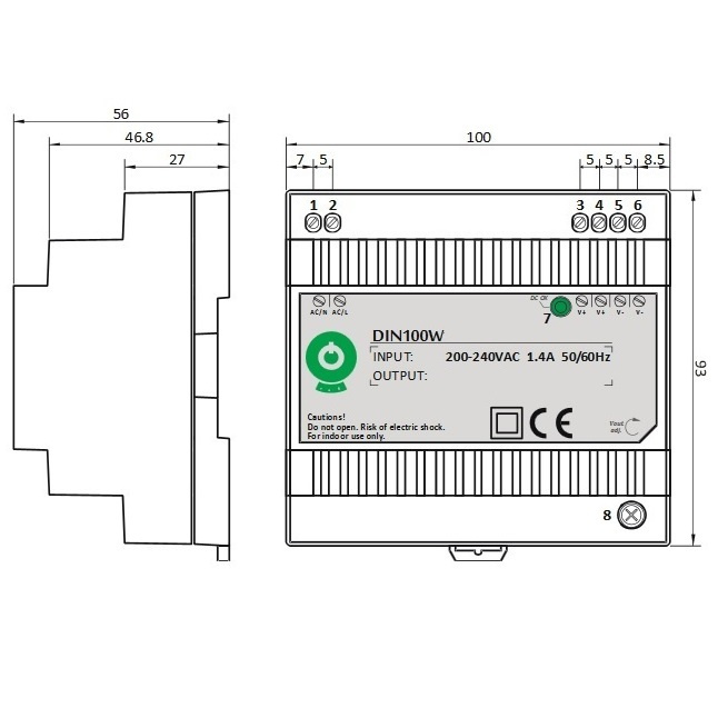 Rysunek techniczny zasilacza DIN60W24